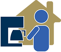 Icon of a person with a coffee maker in front of a house.