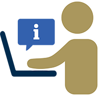 Icon of a person looking at a laptop and a dialogue bubble with an i.