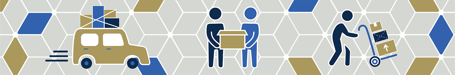 Icon type illustration of a car with boxes, two people carrying a box and one person with a hand truck full of boxes.