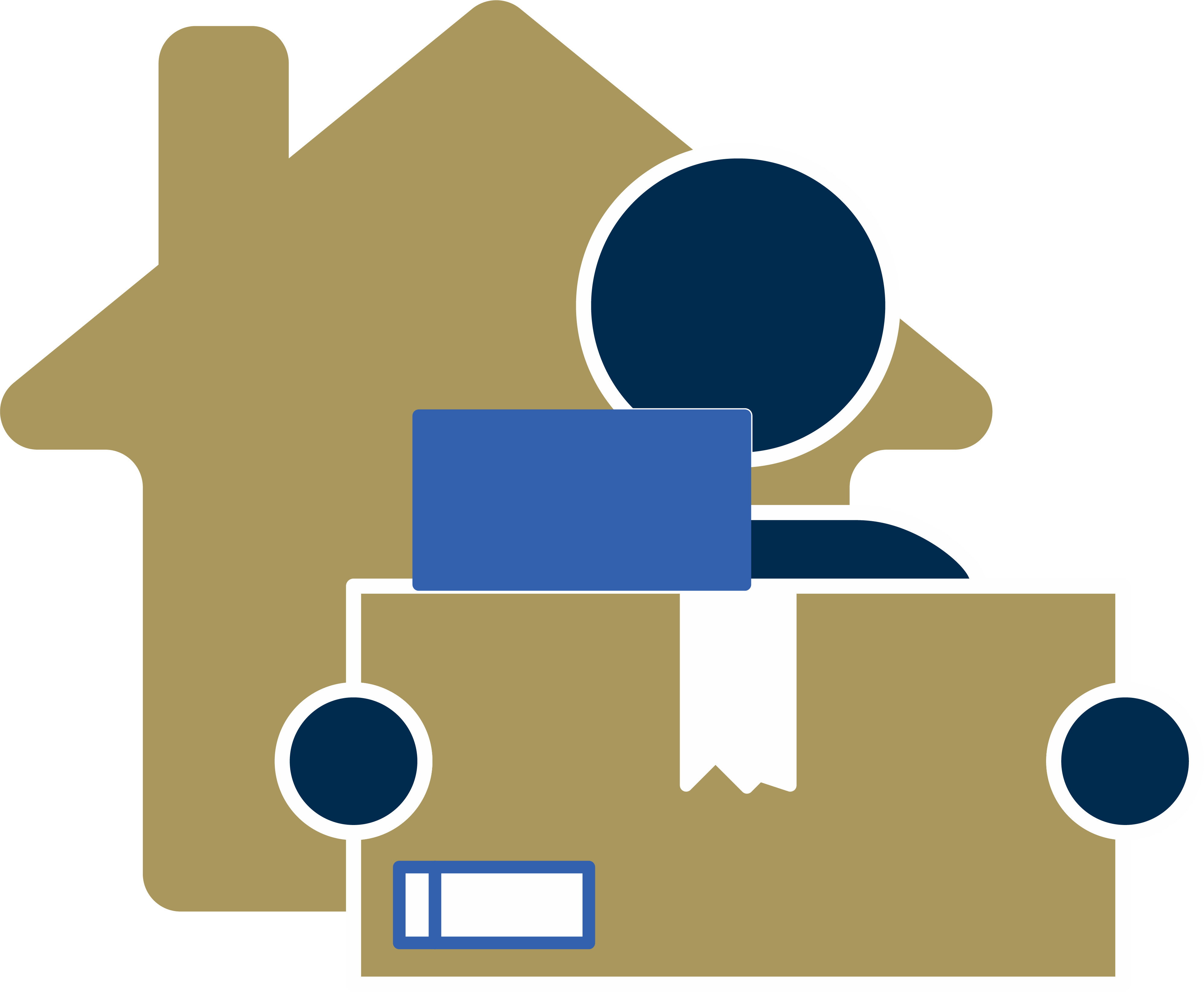 Icon of a person carrying a box in front of a house. Text: Items to bring.