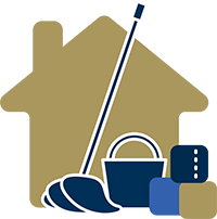 Icon of a house with cleaning supplies in front.